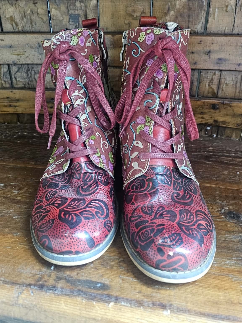 L'Atiste Floral Embossed Red Lace-Up Women's Ankle Boots